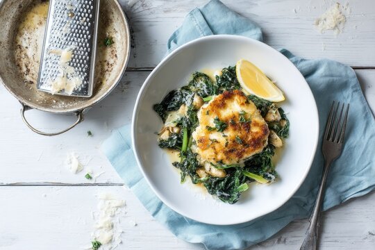 Pan-seared fish atop creamy spinach and beans, garnished with lemon and parmesan, presented on a white plate with a grater and blue napkin