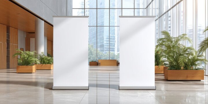 Modern Office Hall with Two Empty White Roll-Up Banner Stands for Business Presentations