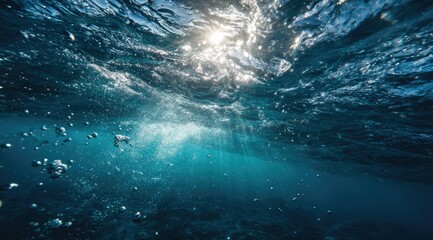Underwater scene with sunlit surface waves, air bubbles rising, and a dark, textured seabed visible