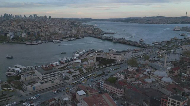 Istanbul skyline view with bustling waterway activity in evening light