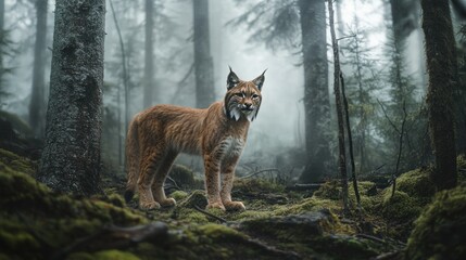 Fototapeta premium Majestic Lynx in Misty Forest