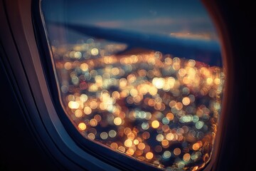 A blurred, nighttime cityscape viewed from an airplane window, showing countless glowing lights and a dark, hazy horizon
