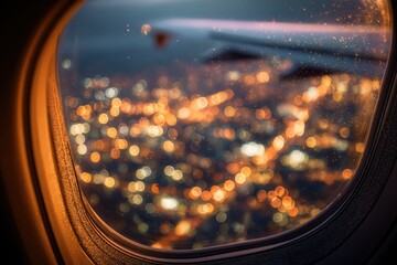 A blurry, nighttime aerial view of city lights seen through an airplane window, with a portion of the wing visible.  The window is slightly dirty