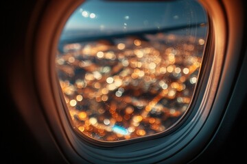 An airplane window reveals a blurred, glittering cityscape at twilight, warm-toned lights scattered below, suggesting a vast urban expanse viewed from altitude