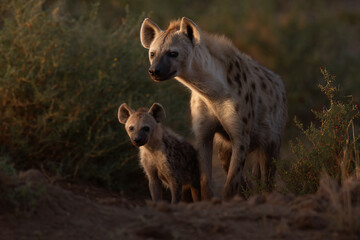 Fototapeta premium a mother hyenna and her baby in the wild