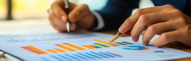 A business professional focuses on financial reports featuring various graphs and charts, highlighting analysis and strategy in a modern office setting.