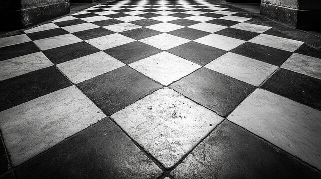 Classic black and white checkerboard floor tiles create a bold geometric pattern, evoking timeless style, symmetry, and contrast. Ideal for backgrounds, design elements, or interior themes.

