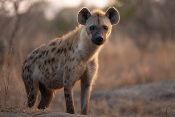 a hyena standing on a dirt mound in the wild
