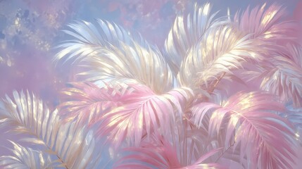 Obraz premium Pastel Pink White Tropical Palm Leaves Botanical Illustration Soft Light Nature Backg