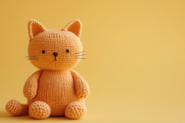 A cute knitted cat, lovingly handmade. Soft, cozy yarn texture, floppy ears, inviting and huggable. Bright natural light. 