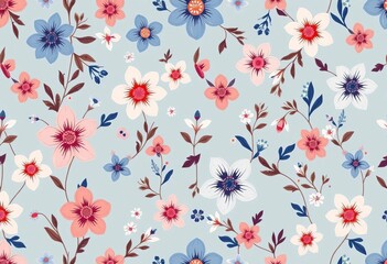 Naklejka premium Seamless blue floral pattern; hand-drawn flowers, leaves, botanical, trendy, textile, fabric, vector, background, texture, copy space, foliage