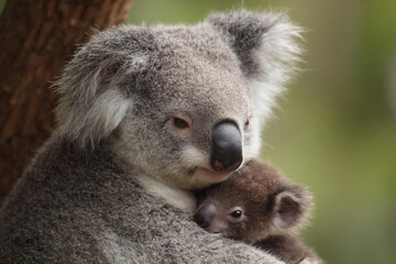 a koala holding a baby koala in its arms