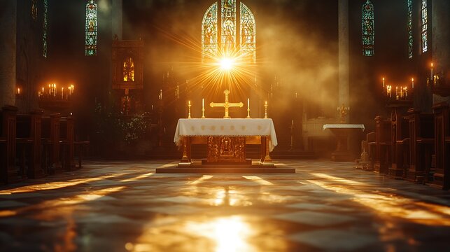 Cross with flowing white cloth, center monstrance radiating, golden chalice reflecting flames of nearby candles, old chapel with stained glass light patterns on floor. Created Using: RED Komodo,