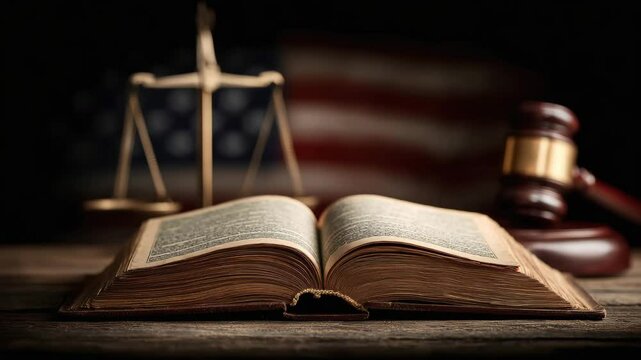 Open law book with a gavel and scales of justice, set against a blurred American flag background, symbolizing the legal system.