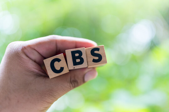 CBS on wood block is acronym Cell Broadcast Service in man hand against nature background, emergency warning system that sends a warning message directly to the phone