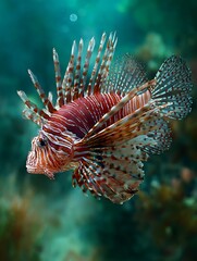 A predatory fish with fins spread out like lion's spines, distinguished by its red, white and black colors.
