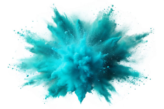 blue aquamarine turquoise color powder dust explosion isolated on transparent background.