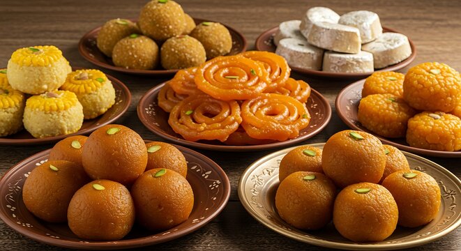 Assortment of indian sweets on plates