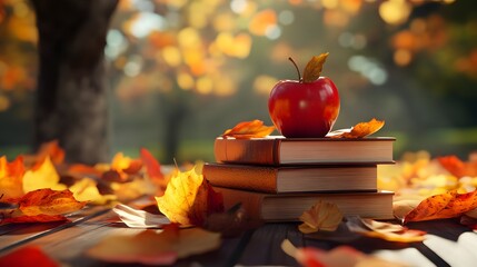 Autumn scene featuring a red apple on books surrounded by fallen leaves outdoors