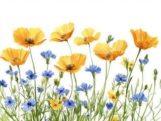 Fototapeta premium Vibrant Yellow and Blue Wildflowers A Stunning Floral Illustration