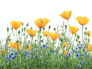 Vibrant Yellow Poppies and Cornflowers in a Summer Meadow