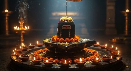 Hindu shrine with shivalinga and lamps