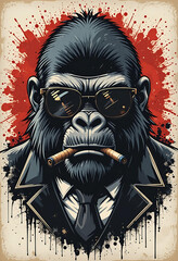  A gorilla sporting a tie and smoking a cigarette, creating a whimsical and unexpected visual contrast.
