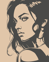 Young woman face front view in low key style. Elegant silhouette of a female head.