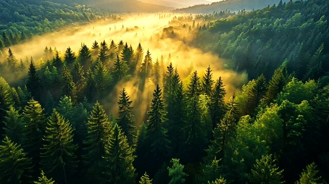 Misty forest landscape with sunbeams, lush green trees and mountainous backdrop illuminated by golden sunlight creating a serene ambiance