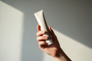 Hand holding white cosmetic tube with shadows on gray background