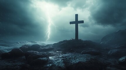 A cinematic shot of a wooden cross on hilltop, wind howling, dark clouds overhead, bright white lightning illuminating cross silhouette. Stormy sea in background, wet rocks glistening.