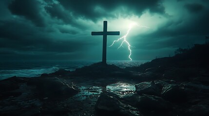 A cinematic shot of a wooden cross on hilltop, wind howling, dark clouds overhead, bright white lightning illuminating cross silhouette. Stormy sea in background, wet rocks glistening.