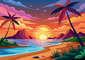tropical beach sunset landscape backgroundwith palm trees