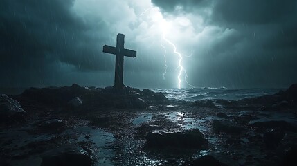 A cinematic shot of a wooden cross on hilltop, wind howling, dark clouds overhead, bright white lightning illuminating cross silhouette. Stormy sea in background, wet rocks glistening.