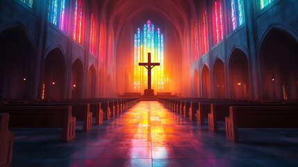 A cinematic shot of a wooden crucifix inside a cathedral, stained glass casting rainbow reflections across the pews, grand arches towering above, serene mood. Empty rows of seats, subtle lens flare.