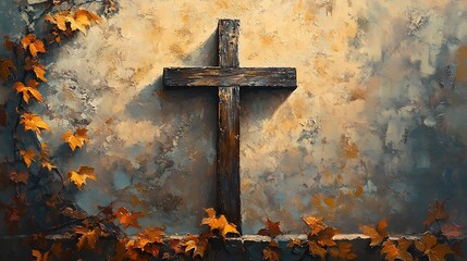 A detailed painting of a wooden crucifix mounted on a weathered stone wall, ivy climbing gracefully, golden evening light. Background of old chapel ruins, fallen leaves scattered below.