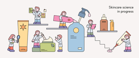Cute scientists testing and developing skincare products in a whimsical lab setting.