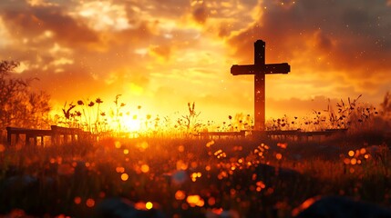 A digital artwork showing a crucifix silhouette at sunrise, radiant golden sky, soft clouds drifting, dewy grass reflecting light. Background of stone benches and flowers. Warm gold tones,