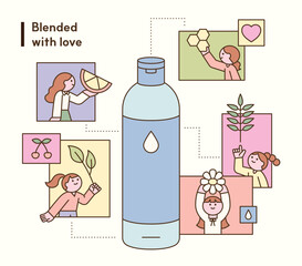 Cute illustration of kids showcasing natural ingredients blended into a skincare product with love.