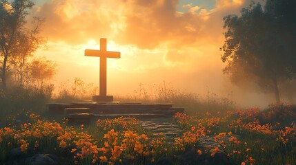 A digital artwork showing a crucifix silhouette at sunrise, radiant golden sky, soft clouds drifting, dewy grass reflecting light. Background of stone benches and flowers. Warm gold tones,