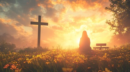 A digital artwork showing a crucifix silhouette at sunrise, radiant golden sky, soft clouds drifting, dewy grass reflecting light. Background of stone benches and flowers. Warm gold tones,