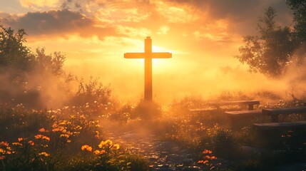 A digital artwork showing a crucifix silhouette at sunrise, radiant golden sky, soft clouds drifting, dewy grass reflecting light. Background of stone benches and flowers. Warm gold tones,