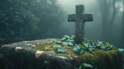 A digital artwork showing a vintage crucifix on moss-covered stone, ivy weaving around the cross, dew on leaves, soft morning mist. Forest edge in background, blurred trees, ethereal glow.