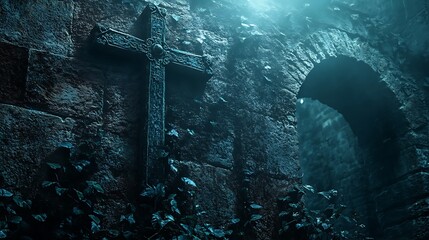 A gothic-inspired depiction of a vintage crucifix on an old stone wall, heavy ivy covering edges, moonlight casting eerie shadows. Background of medieval courtyard, stone arches, faint mist.