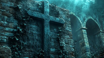 A gothic-inspired depiction of a vintage crucifix on an old stone wall, heavy ivy covering edges, moonlight casting eerie shadows. Background of medieval courtyard, stone arches, faint mist.