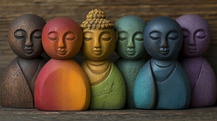 Fototapeta premium Colorful Wooden Buddha Statues Diversity Unity Meditation Spirituality Peace