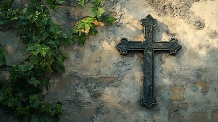 A minimalist photo of a crucifix on an ancient stone wall, single ivy vine curling around, soft dawn light, clean composition. Background fades to soft blur, emphasis on textures. Muted palette,