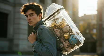 Mysterious Man Carrying a Transparent Backpack Filled with Curiosities
