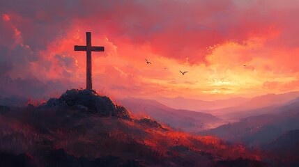 A romantic painting of a crucifix on a mountain, golden sunset casting long shadows, clouds glowing pink and orange, peaceful setting. Valley bathed in light, birds in sky. Warm palette, romanticism,