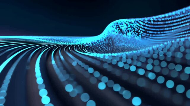 Abstract glowing blue dots flowing in parallel lines creating a textured, wave-like effect on dark background